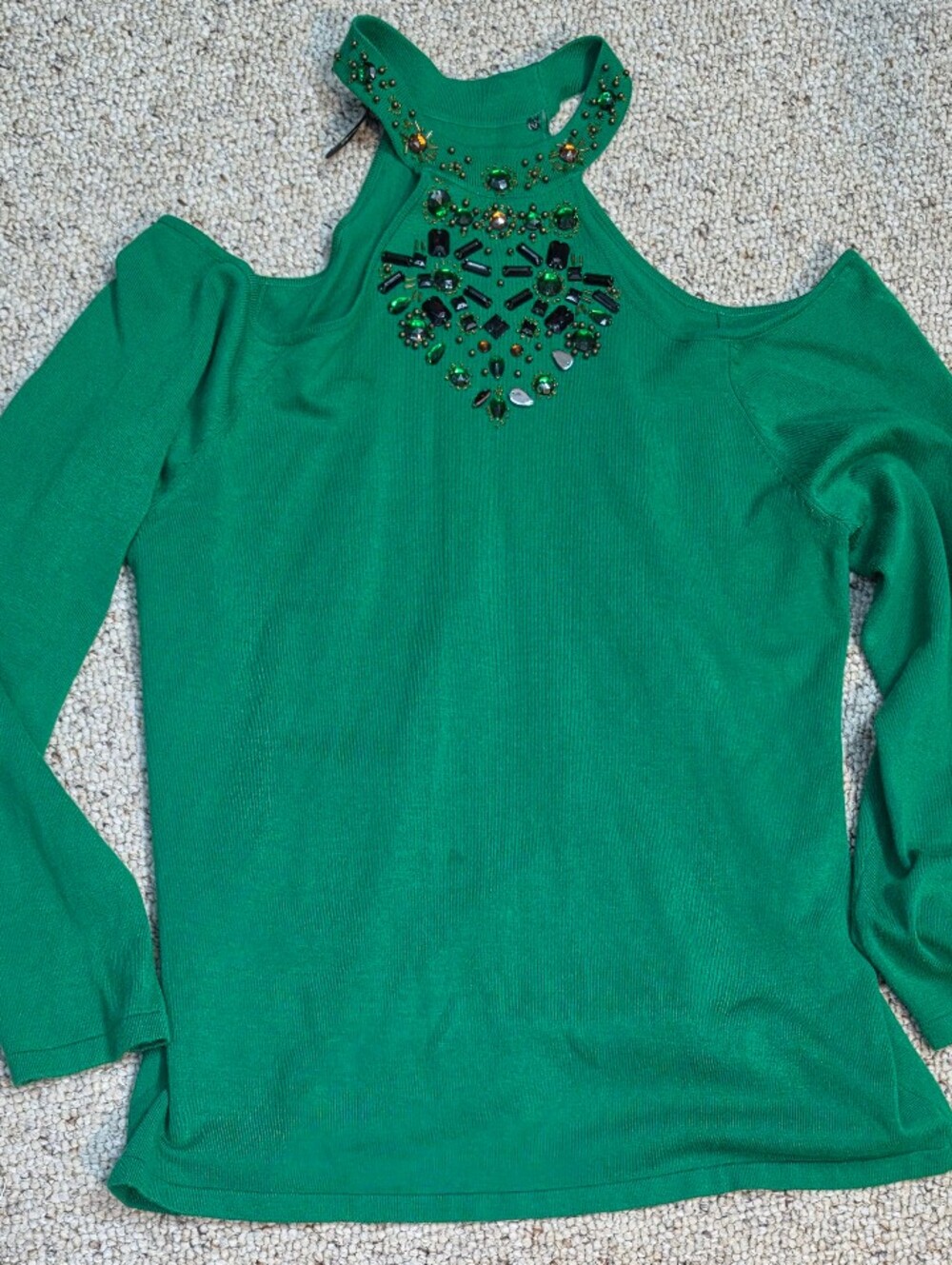 Ashley Stewart Green Cold-Shoulder Knit Top with Jeweled Neckline